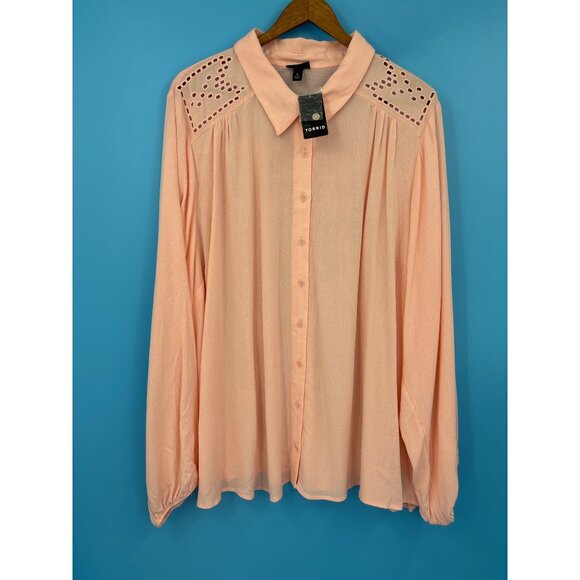 Torrid Madison Washable Gauze Crepe Embroidered Long Sleeve Shirt Pink 4X NEW - Picture 1 of 7